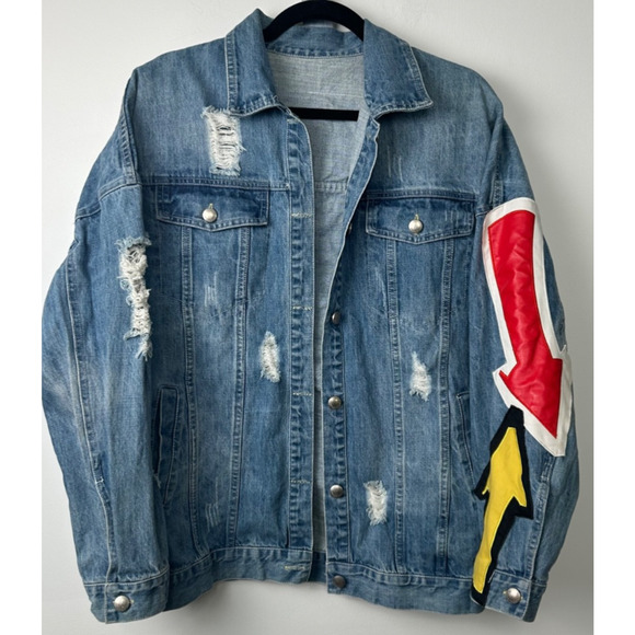 King Of My Life Fall Denim Jacket By Sour Fruit sz L Retro Y2K Distressed Street - Picture 3 of 9